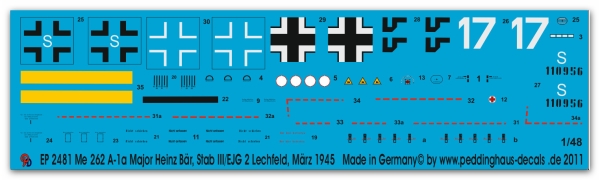 Peddinghaus-Decals 1:48 2481 Me 262 A-1a Major Heinz Bär, Stab III/EJG 2. Lechfeld, März 1945