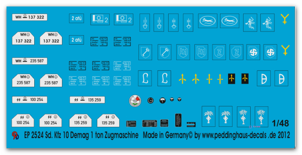 Peddinghaus-Decals 1:48 2524 Sd. Kfz 10 Demag 1 ton Zugmaschine Bogen für das Blue Cat modell