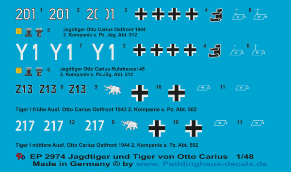 Peddinghaus-Decals 1:48 2974 Jagdtiger und Tiger Otto Carius