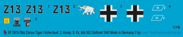 Peddinghaus-Decals 1:16  2979 early Tiger I of Otto Carius s. Pz. Abt 502, Russia 1943