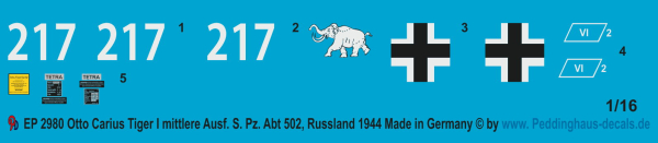 Peddinghaus-Decals 1:16  2980 Otto Carius, Tiger I mid Production, s. Pz. Abt 502, russia 1944