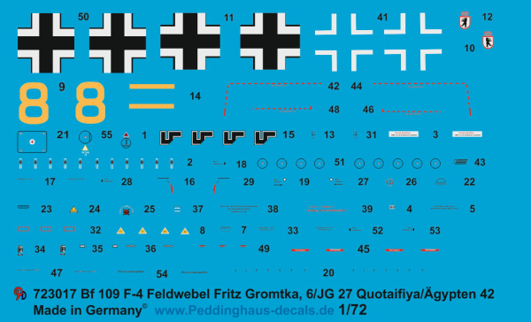 Peddinghaus-Decals 1/72 3017 Bf 109 F-4 Feldwebel Fritz Gromtka, 6/JG 27, Quotaifiya, Afrika 42