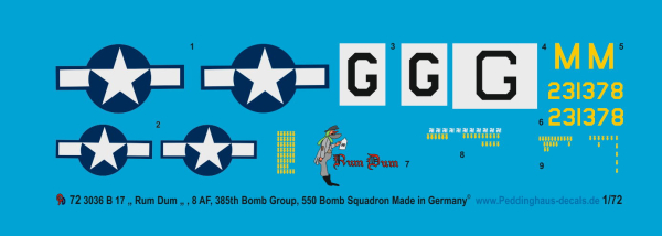 Peddinghaus-Decals 1/72 3036 B 17 " Rum Dum", 8 AF, 385 Bomb Group, 550 BS