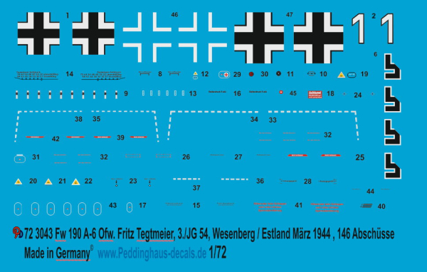 Peddinghaus-Decals 1/72 3043 FW 190 A-6 Ofw. Fritz Tegtmeier, 3/JG 54, Wesenberg-Estland , März 1944 , 146 Abschüsse