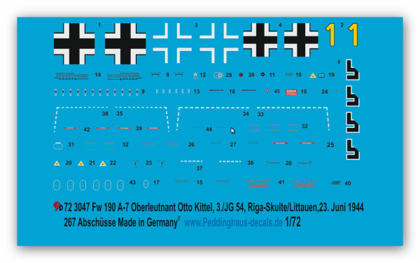 Peddinghaus-Decals 1/72 3047 Fw 190 A-7 Oberleutnant Otto Knittel, 3/JG54 Riga, Juni 1944 , 267 Abschüsse