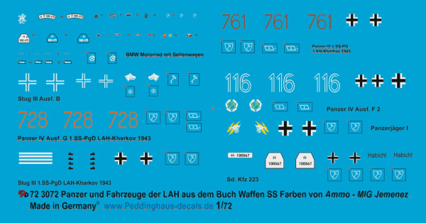 Peddinghaus-Decals 1:72 3072 Panzer und Fahrzeuge der LAH aus dem Buch Waffen SS Farben von Ammo-MIG