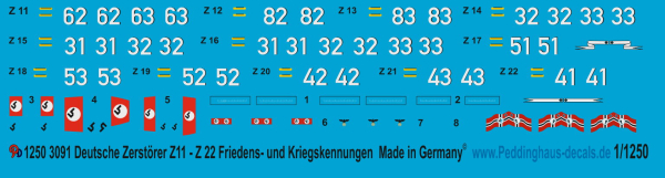 Peddinghaus-Decals 1:1250  3091 Deutsche Zerstörer Z11 - Z 22 Friedens und Kriegsmarkierungen