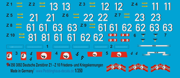 Peddinghaus 1/350 3092 Deutsche Zerstörer Z1 - Z 10 Friedens und Kriegsmarkierungen