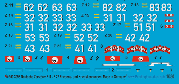 Peddinghaus 1/350 3093 Deutsche Zerstörer Z 11- Z 22 Frieden und Kriegsmarkierungen