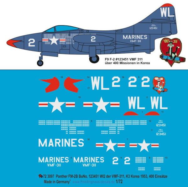 Peddinghaus-Decals 1/72  3097 Panther F9F-2B BuNo. 123451 WL 2 der VMF-311, K-3 Korea 1953, 400 Einsätze