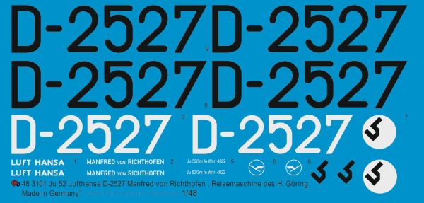Peddinghaus-Decals 1:48 3101 early transportplane red Ju 52 of Hermann Göring D 2527