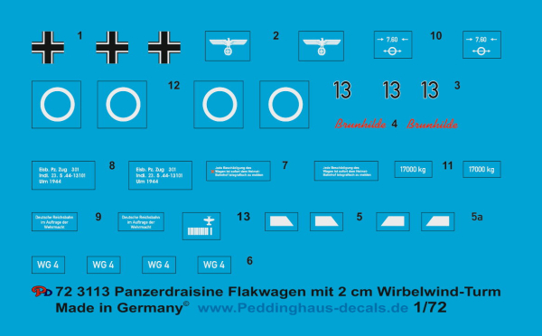 Peddinghaus-Decals 1:72  3113 Panzerdraisine Flakwagen mit 2 cm Wirbelwind Turm