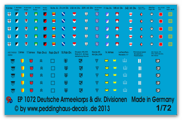 Peddinghaus-Decals 1:72 1072  Deutsche Armeekorps und div. Andere Divisonszeichen