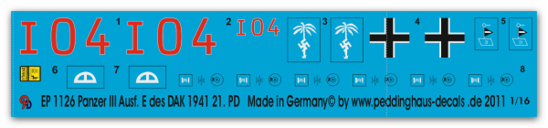 Peddinghaus-Decals 1:16 1126 Panzer III Ausf. E Deutsches Afrika Korps, 21. PD