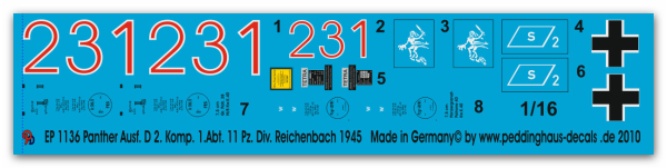 Peddinghaus-Decals 1:16 1136 Panther 2. Komp. 1 Abt. 11 Pz Div. 1945 Reichenbach
