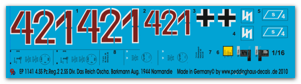 Peddinghaus-Decals 1:16 1141 Panther 4.SS Pz Reg. Div. Das Reich Oscha Ernst Barkmann 44 Normandy