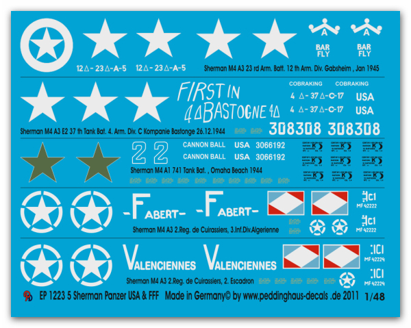 Peddinghaus-Decals 1/48 1223 5 Sherman Kampfpanzer USA und Freies Frankreich