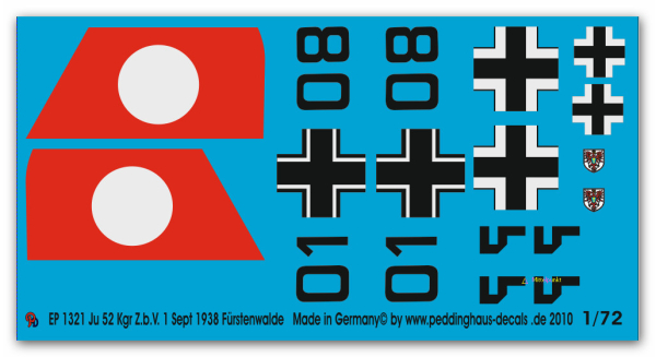 Peddinghaus-Decals 1/72 1321 JU 52 KGr. Z.b.V.1 Sept 1938 Fürstenwalde