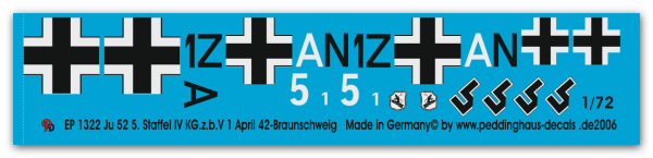 Peddinghaus-Decals 1/72 1322 Ju 52 5. Staffel IV KG.z.b.V.1 April 1942 Braunschweig