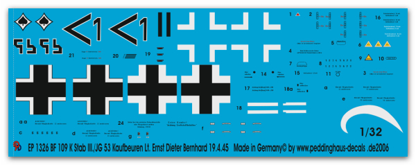 Peddinghaus 1/32 1326 BF 109 K Stab III./JG 53 Kaufbeuren Lt. Ernst Dieter Bernhard 19.4.45