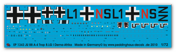 Peddinghaus-Decals 1/72 1343 JU 88 A-4 /Trop. 8/LG 1 Derna Juli 1942 DAK