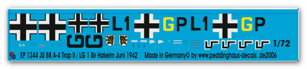 Peddinghaus-Decals 1/72 1344 Ju 88 a-4/Trop II/ LG 1 Bir Hakeim Juni 1942