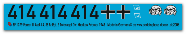 Peddinghaus-Decals 1:16 1379 Panzer III Ausf J 4. SS-Pz.Rgt. 3 Totenkopf Div. Kharkow 1943