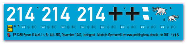 Peddinghaus-Decals 1:16 1380 Panzer III Ausf. L schw. Pz. Abt 502 Leningrad 1942