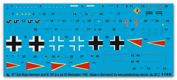 Peddinghaus-Decals 1:48 1466 Major Hermann Graf Bf 109 G JGr 50 Wiesbaden 1943