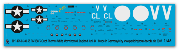 Peddinghaus-Decals 1:48 1475 P-38J 55 FG/338FS Capt. Thomas White England 1944