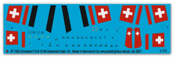 Peddinghaus-Decals 1/72 1502 N.A. P-51B-10NA der Schweizer Fliegertruppe ,Dubendorf September 1944