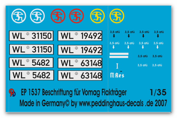 Peddinghaus-Decals 1:35  1537  Beschriftungssatz für Vomag Flakträger Flak Reg. 42