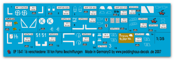 Peddinghaus-Decals 1:35 1541 16 verschiedene Versionen 18 ton Famo Halbkette