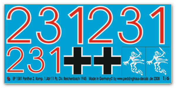 Peddinghaus-Decals 1:6 1581  Panther 2. Komp. 1 Abt. 11 Pz Div. 1945 Reichenbach