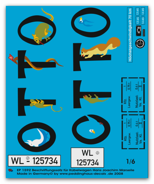 Peddinghaus-Decals 1:6 1592  VW Kübelwagen of pilot fighter aces H. J. Marseille