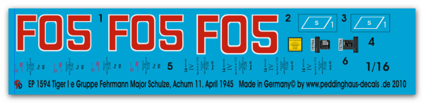 Peddinghaus-Decals 1:16 1594 Tiger I Ausf.E Group Fehrmann Maj Schulze Achum 11. April 1945