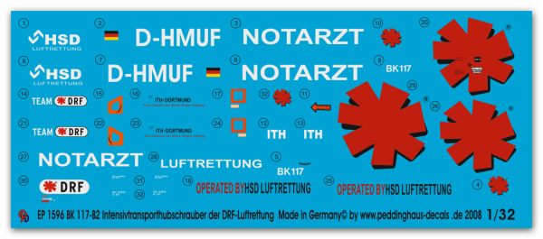 Peddinghaus-Decals 1:32  1596  BK 117-B2 Rescue-helicopter (ITH) der DRF-Luftrettung