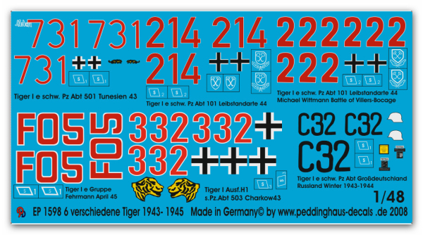Peddinghaus-Decals 1/48 1598 Tiger No 4 6 different Tiger Tanks 1943-45