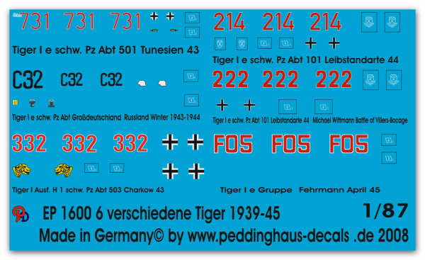 Peddinghaus 1/87 1600 Tiger No 4 6 different Tiger Tanks 1943-45