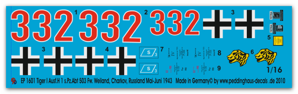 Peddinghaus-Decals 1:16 1601 Tiger I Ausf H1 Charkow 1943 Fw. Weiland s Pz Abt 503