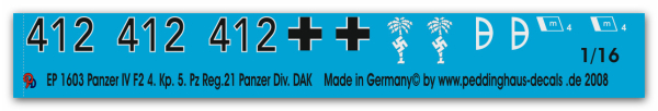 Peddinghaus-Decals 1:16 1603 Panzer IV F2 4. Kompanie 5 Pz. Reg. 21. Panzer Div DAK