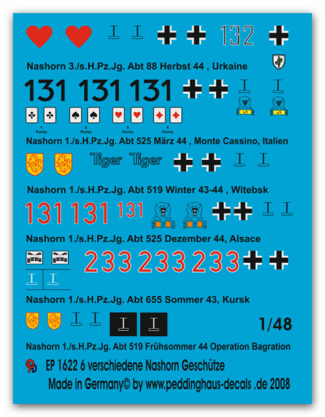 Peddinghaus-Decals 1/48 1622 6 verschiedene Nashorn Geschütze