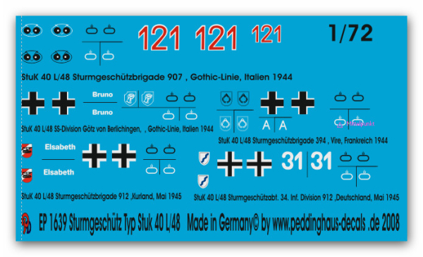 Peddinghaus-Decals 1:72 1639  verschiedene Stug IV Kampfpanzer