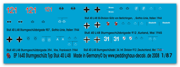 Peddinghaus 1/87 1640 markings for Stug IV tanks