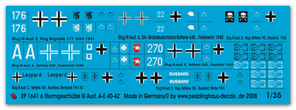 Peddinghaus-Decals 1:351641 markings for Stug III version A-E tanks