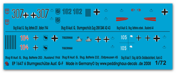 Peddinghaus-Decals 1:72 1647 6 Verschiedene Stug III G-F