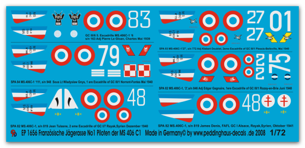 Peddinghaus-Decals 1/72 1656 6 französische Jägerasse  No 1 Piloten der MS. 406C1