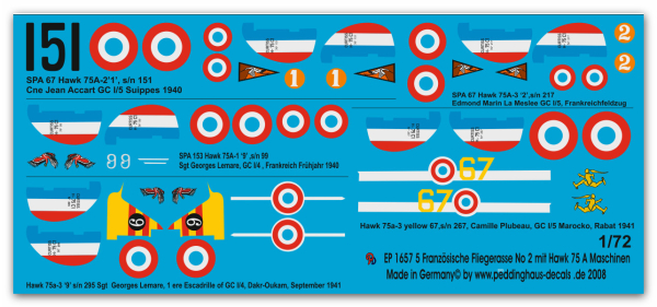 Peddinghaus-Decals 1/72 1657 5 französische Jägerasse  No 2 Piloten der Hawk 75 a