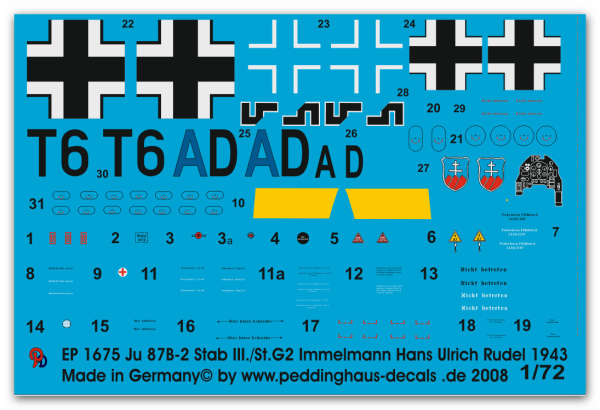 Peddinghaus-Decals 1/72 1675 Ju 87 B-2 Stab III./St.G2 Immelmann Hans Ulrich Rudel Russland 1943