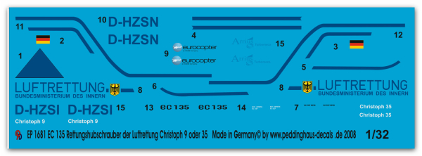 Peddinghaus-Decals 1:32  1681  Rescuehelicopter EC 135 of the Luftrettung Christoph 9 or 35